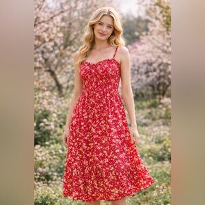 Patrons of Peace Red Floral Midi Dress XS Smocked Button Front Boho Cottagecore